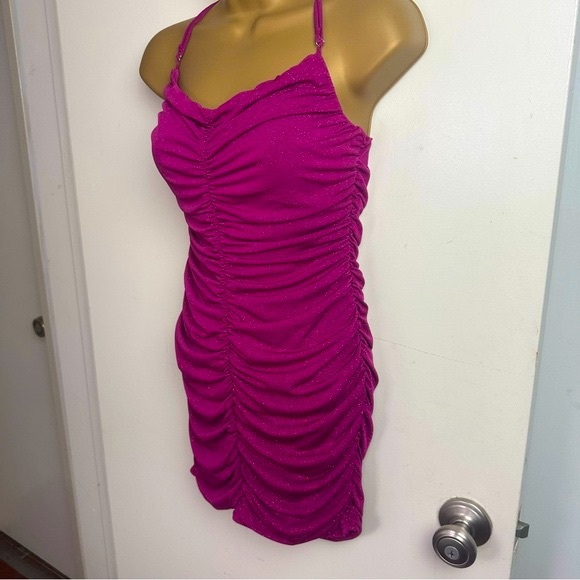 Lucy In The Sky Mauve Glitter Ruched Spaghetti Strap Body-con Mini Dress Size M - Picture 7 of 16